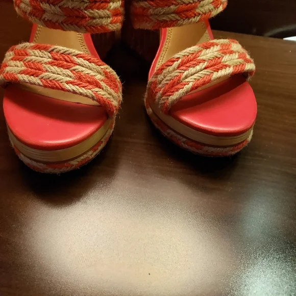 Tory Burch Women's Size 8.5 Lola Woven Jute Lthr Red Crm Platfrom Slide Sandals - Picture 10 of 14